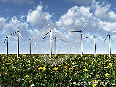 Wind power turbines on a meadow. Stock Photo