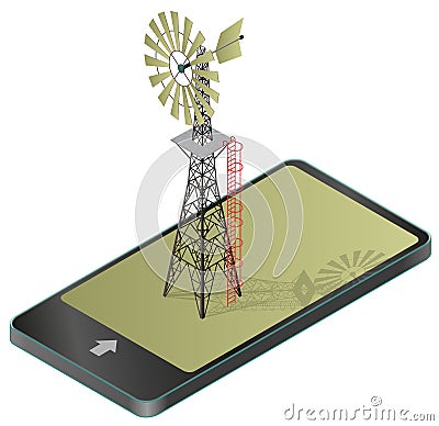 Wind pump for pumping of water on farm in mobile phone. Vector Illustration