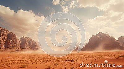 The wind raises the dust in Wadi Rum, Sahara or Arabian desert Stock Photo