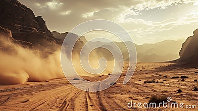 The wind raises the dust in Wadi Rum, Sahara or Arabian desert. Ai Generative Stock Photo