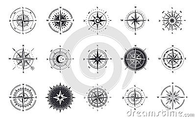 Wind rose. Compass signs. Nautical instruments for north orientation. Black and white contour cartographic symbols Vector Illustration