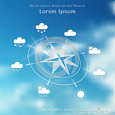 Wind rose and four seasons weather icons on blurred sky background Vector Illustration
