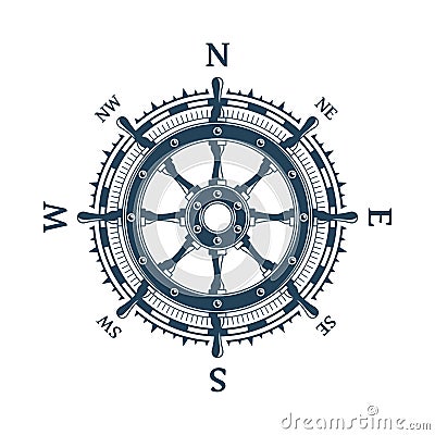 Wind rose and helm wheel. Vector Illustration