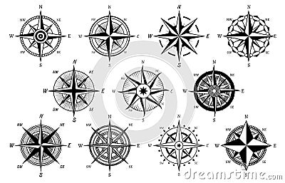 Wind rose. Marine wind roses, compass nautical navigation sailing symbols, geographic map antique vintage elements and Vector Illustration