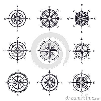 Wind rose or old, vintage compass heraldic icons Vector Illustration