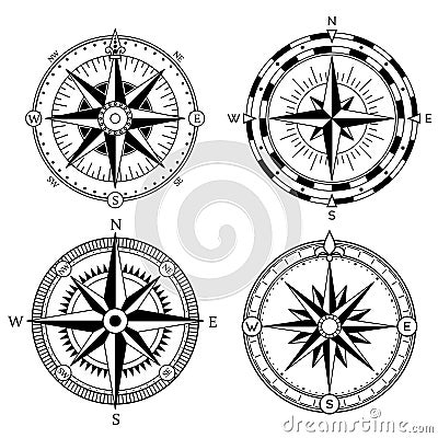 Wind rose retro design vector collection. Vintage nautical or marine wind rose and compass icons set, for travel Vector Illustration