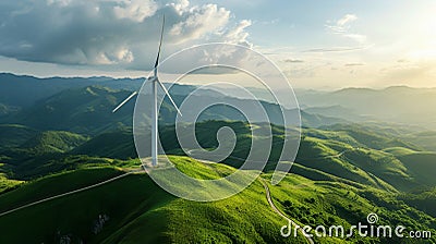 a wind turbine farm atop rolling hills generating electricity Global Warming solution Stock Photo