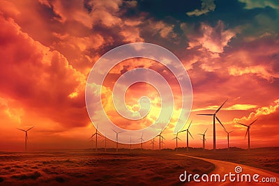 A wind turbine farmstead. The concept of planetary climate shifts. Generative AI Stock Photo