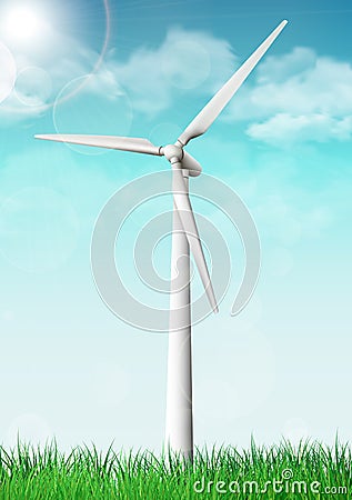 Wind turbine on a grass field sunny day Vector Illustration