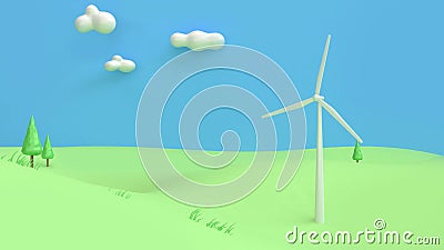 wind turbine green field mountain blue sky cartoon style abstract 3d render,renewable energy environment save earth concept Stock Photo