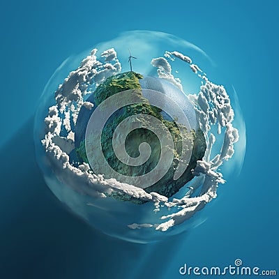 Wind turbine on green planet Cartoon Illustration