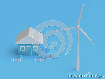 Wind turbine house of blue abstract scene 3d render,renewable energy environment save earth concept Stock Photo