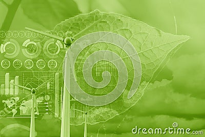 Wind turbine overlay with plant leaf and data infographic for eco green energy environmental friendly power technology data Stock Photo