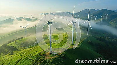 Wind turbine renewable energy windfarm with windmills aerial view with fog in green field Stock Photo