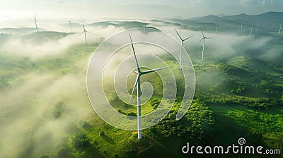 Wind turbine renewable energy windfarm with windmills aerial view with fog in green field Stock Photo