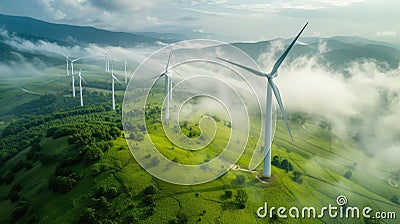 Wind turbine renewable energy windfarm with windmills aerial view with fog in green field Stock Photo