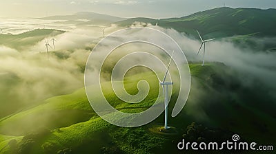 Wind turbine renewable energy windfarm with windmills aerial view with fog in green field Stock Photo