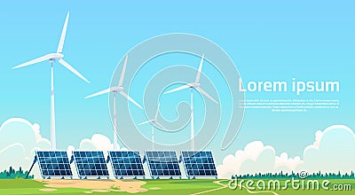 Wind Turbine Solar Energy Panel Renewable Station Vector Illustration