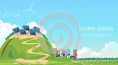 Wind Turbine Solar Energy Panel Renewable Station Vector Illustration