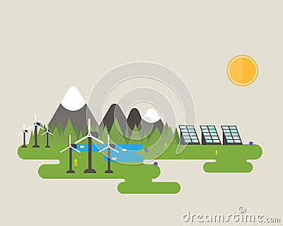 Wind turbine and solar panel. Vector Illustration