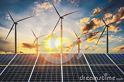 wind turbine with solar panels and sunset. concept clean Stock Photo