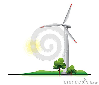 Wind turbine with trees and little hill Vector Illustration