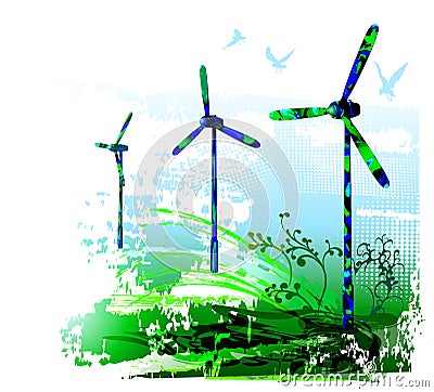 Wind turbines, alternative green ecological energy Vector Illustration