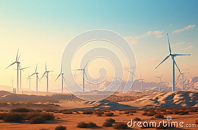 Wind turbines on an arid landscape at sunset Stock Photo
