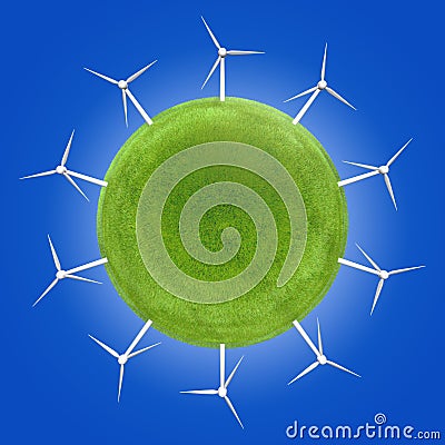 Wind turbines around a green planet symbolizing clean energies. Stock Photo