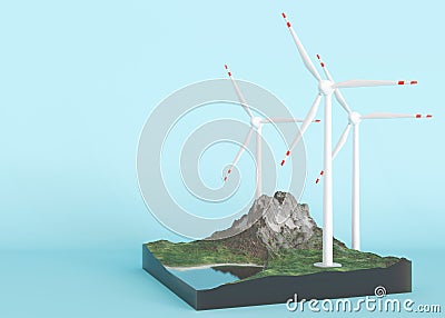 Wind turbines on blue background with copy space for text. Wind turbine generating electricity. Global ecology. Clean Stock Photo