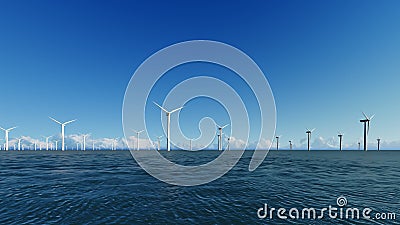 Wind Turbines on blue sea 3D render Stock Photo