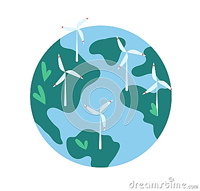 Wind turbines, eco green power industry. Renewable sustainable energy concept. Windmills, windpower on Earth globe Vector Illustration