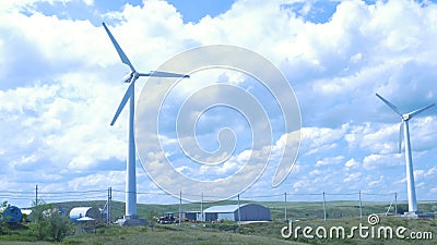 Wind turbines farm. aerogenerator windmill in sunny blue sky day. Wind Turbine. Stock Photo