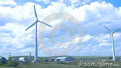 Wind turbines farm. aerogenerator windmill in sunny blue sky day. Wind Turbine. Stock Photo