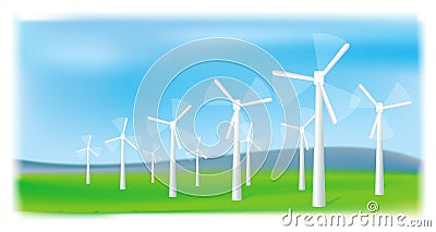 Wind turbines farm. Alternative energy source. Vector Illustration