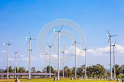 Wind turbines farm eco field in bright day with blue sky background at Chang Hua Man Royal Projects Stock Photo