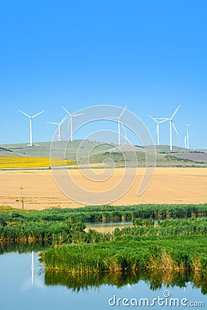 Wind turbines farm on a rural background Stock Photo