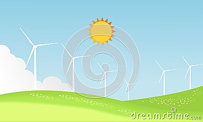 Wind turbines farm on a sunny summer day landscape and green wave mountain. vector illustration design Vector Illustration