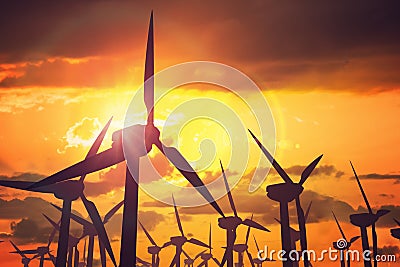 Wind turbines farm at sunset. Industry and energy generation concept Stock Photo