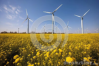 Wind Turbines in a Field of Yellow Flowers and Blue Sky, Generative AI Stock Photo