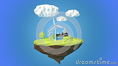 Wind turbines on floating island, low poly style. Stock Photo