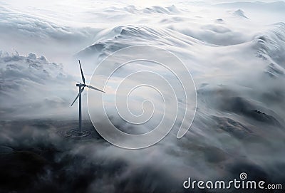 Wind turbines in the fog, windmill for electric power production., generative ai Stock Photo