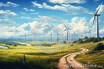 Wind turbines in a meadow. 3d rendering, illustration, Windmill wind power electricity farm field, AI Generated Cartoon Illustration