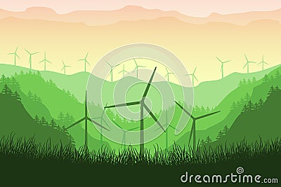 Wind turbines on a mountains background in the forest. A wind farm in a beautiful landscape. Windmill ecological renewable power. Vector Illustration