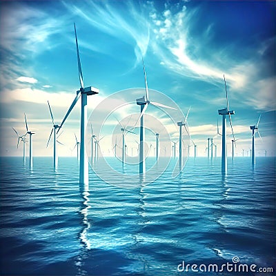 Wind turbines in sea, sustainable energy source, eco friendly power generator. Stock Photo