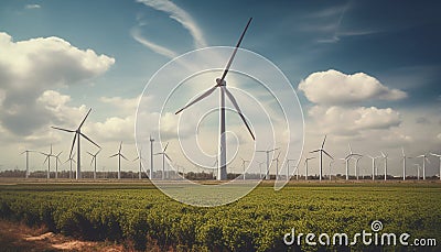Wind turbines spinning in a row, powering sustainable progress generated by AI Stock Photo