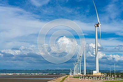 Wind turbines in Taichung Port Gaomei Wetlands Area Stock Photo