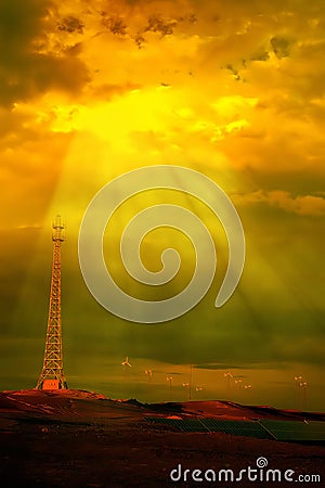 Wind turbines and telegraph pole Stock Photo