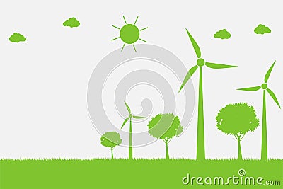 Wind turbines with trees and sun Clean energy with eco-friendly concept ideas.vector illustration Vector Illustration