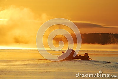 Wind of wandering. Siberia. Raft in the mist Stock Photo